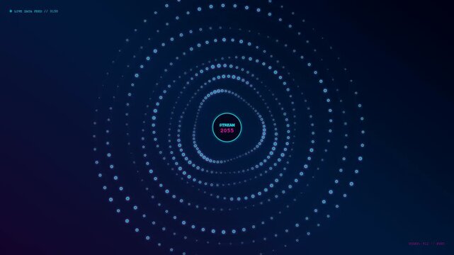 A circular display of realtime data streaming showing vibrant light dots spinning in continuous motion within a deep blue digital void to illustrate network connection