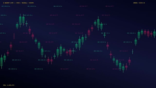 Realtime data streaming manifests as a rhythmic sequence of glowing green and crimson digital candlestick patterns oscillating across a deep navy blue virtual display screen interface