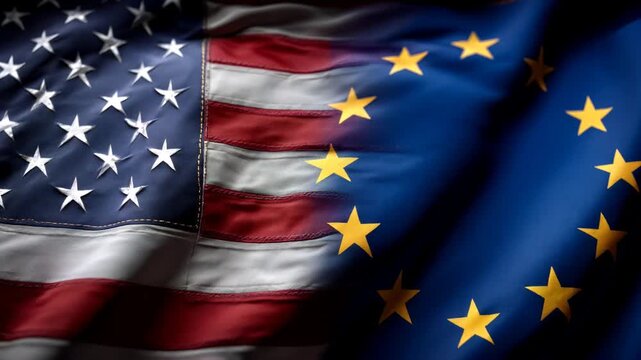 us flag and eu flag waving together. relations between the usa and the european union. cooperation trade partners transatlantic partnership common policies western nations