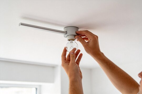 Person installing light bulb in ceiling fixture