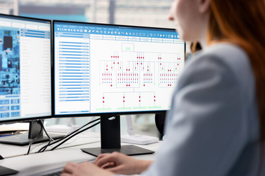Close up of technician evaluating PCB system architecture blueprints on computer monitor in RD office, Worker looking at EDA program interface on PC screen, doing microelectronics design automation.