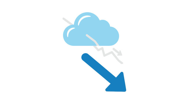 Simple vector icon of cloud computing with crossed lightning bolts, indicating data download error, server failure, or network issue.