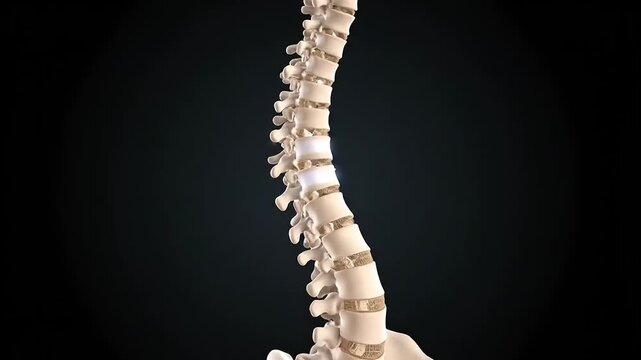 Anatomical human spine model displayed against a dark background for medical reference purposes