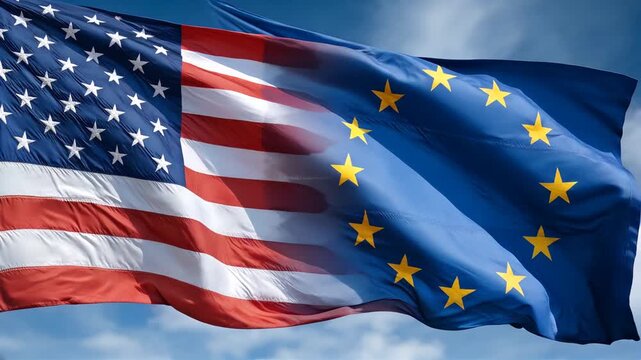 us flag and eu flag waving together in blue sky. relations between the usa and the european union. cooperation trade partners transatlantic partnership common policies western nations
