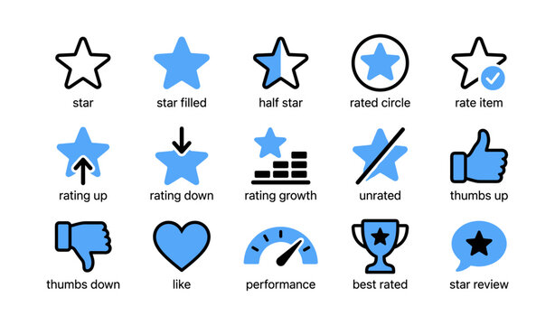 Rating and feedback icons showing stars and thumbs on white background