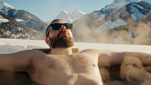 Man enjoying a relaxing hot tub experience outdoors in a snowy mountain landscape on a sunny winter day.