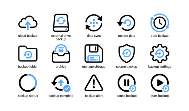 Backup and restore icons showing sync and storage symbols on white