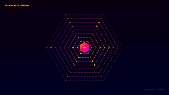 A mesmerizing realtime data streaming animation featuring glowing geometric hexagonal structures pulsating rhythmically while multiple dots orbit around the radiant central nucleus in dark void