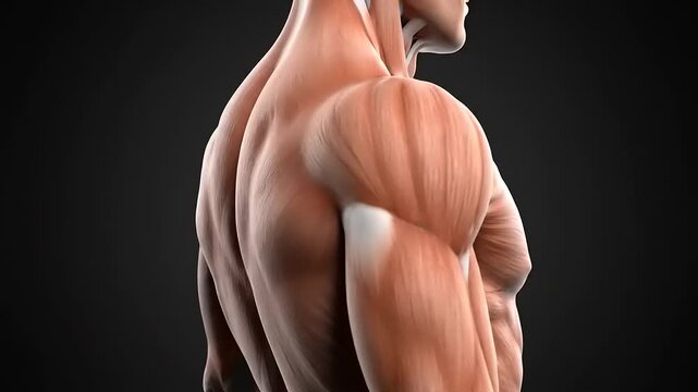 The human muscular back and shoulder muscles are prominently displayed in detailed anatomy.