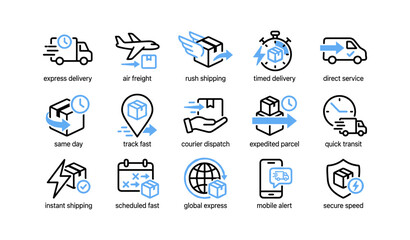 Fototapeta premium Delivery icons showing express shipping, tracking and transit services