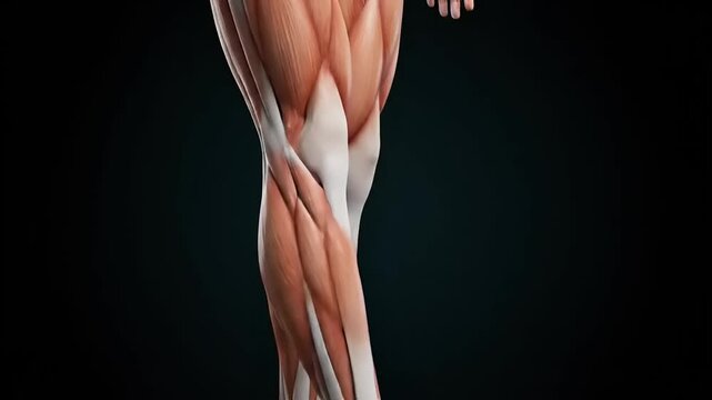 The human leg showcases exposed muscles and tendons in a medical illustration.