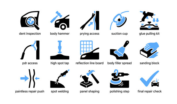 Automotive repair icons illustrating dent removal tools