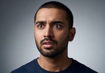 Obraz premium Portrait of a man in a dark shirt looking directly into the camera on a plain gray background.
