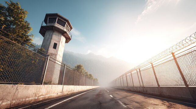 High security prison road with guard tower, barbed wire fences and empty roadway stretching through correctional facility perimeter. Exterior penitentiary security concept at sunrise