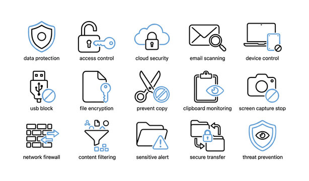 Security and data protection icons arranged on white background