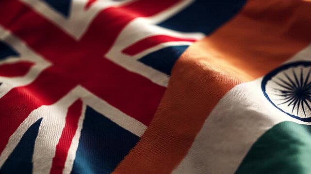 british flag waving next to indian flag. relations great britain and india