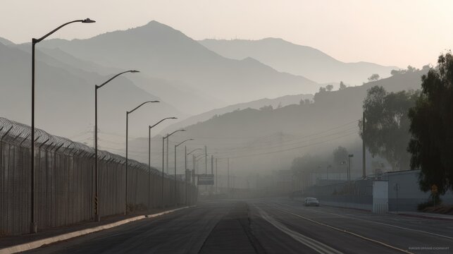 Remote prison perimeter road surrounded by security fencing and mountain landscape in foggy light. Exterior correctional facility with surveillance and restricted access