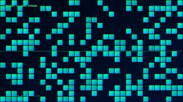 Realtime data streaming shows luminous glowing blue squares appearing across a dark virtual grid in this dynamic sequence capturing complex digital information flow and computer monitoring