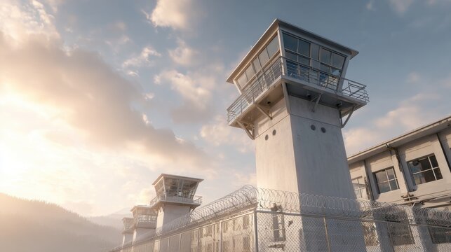 Modern prison guard towers behind razor wire fencing under cloudy sky. Exterior detention facility with advanced surveillance and secure correctional infrastructure