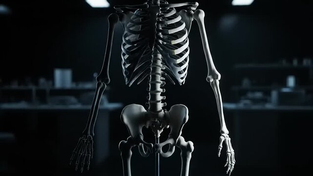 A detailed skeleton model stands in a dark laboratory setting with various equipment.