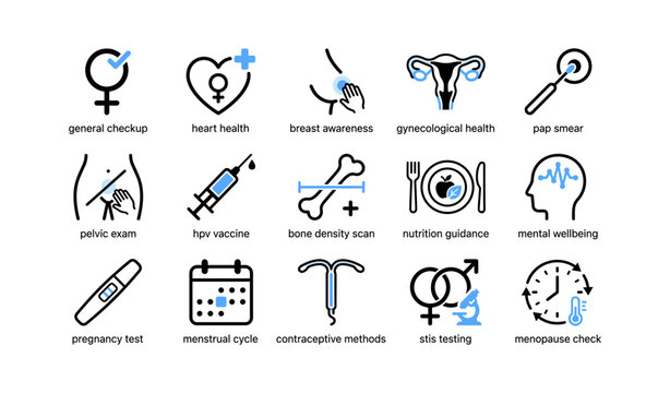 Female health and gynecological icons arranged on white