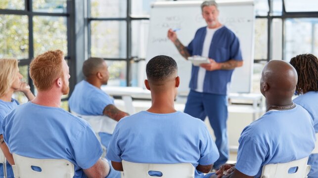 Inmates participating in rehabilitation group session inside correctional facility. Prison education and counseling program focused on reintegration and behavioral development