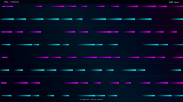 A mesmerizing realtime data streaming dashboard features shifting neon lines and flickering digital pulses moving across multiple dark screens to visualize complex information flows in real time