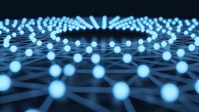 Abstract Blue Network Grid with Glowing Nodes and Connections.