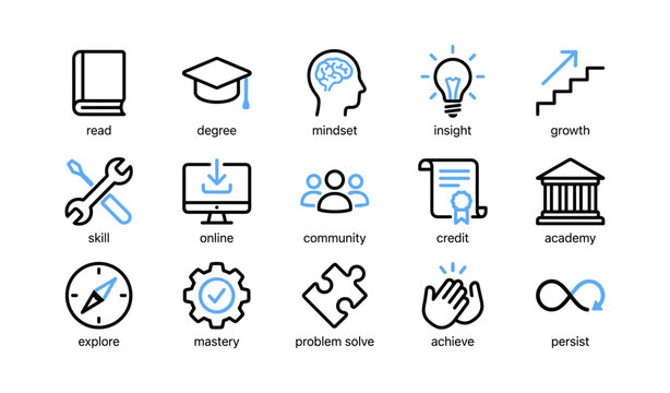 Education icons illustrating learning concepts on white background