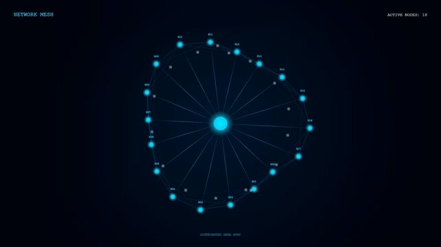 A glowing realtime data streaming interface displays complex orbital network nodes pulsing in deep space while geometric lines connect blue spheres within a dark void
