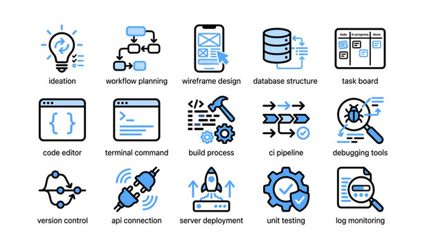 Grid of software development icons arranged on white background