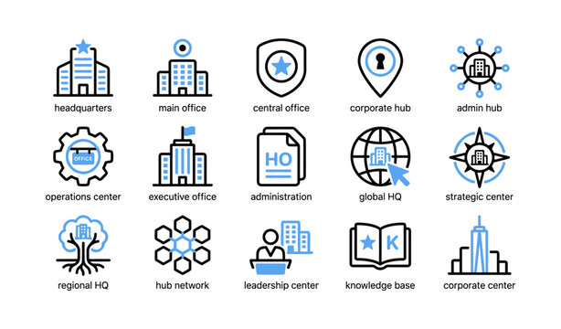 Corporate hq icons showing office hubs and administrative centers