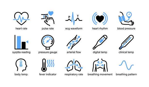 Vital signs and physiological monitoring icons on white background
