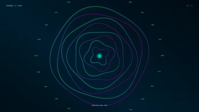 Realtime data streaming flow visualization displays rhythmic concentric waves pulsing across a dark interface with circular light nodes moving in a continuous repeating electronic loop