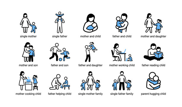 Family and parent icons showing interactions on white background