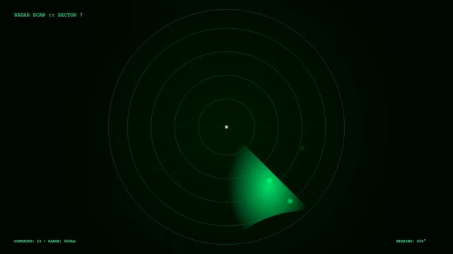 A circular radar scan showing realtime data streaming as glowing interface dots sweep across the dark digital grid display during a simulated military maritime monitoring sequence