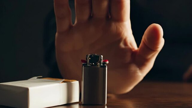 Persons hand making a stop gesture to a cigarette lighter and a pack of cigarettes, symbolizing a decision to quit smoking and embrace a healthier lifestyle.