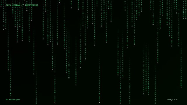 Realtime data streaming appearing as cascading green alphanumeric symbols on a dark screen mimicking a digital code waterfall effect in a complex software computing interface