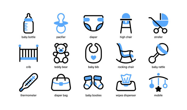 Baby essentials and nursery icons arranged in grid layout