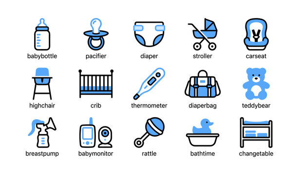 Baby care and nursery icons displayed in a grid layout