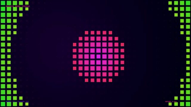 Abstract realtime data streaming visual display featuring symmetrical glowing digital squares moving across a dark screen composed of multiple geometric patterns for motion graphics and presentations