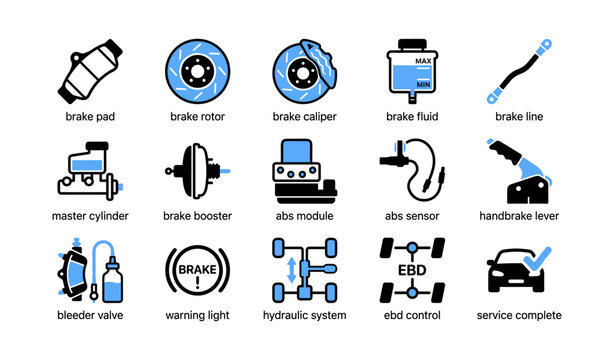 Automotive brake system icons displayed on white grid background