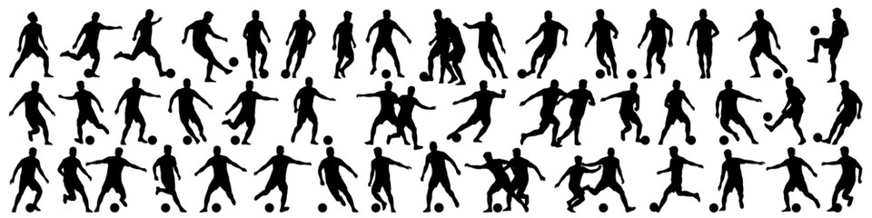 Obraz premium vector set of football strikers shooting and dribbling silhouettes on transparent background