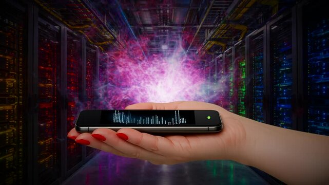 Woman's hand holding a smartphone against a data center  backdrop