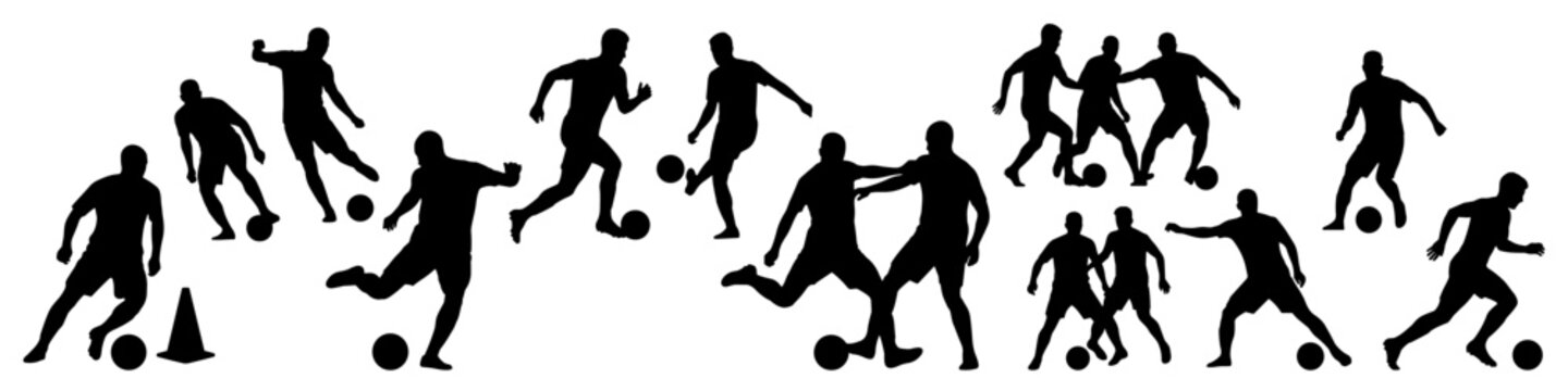 vector set of football match duels and dribbling silhouettes on transparent background