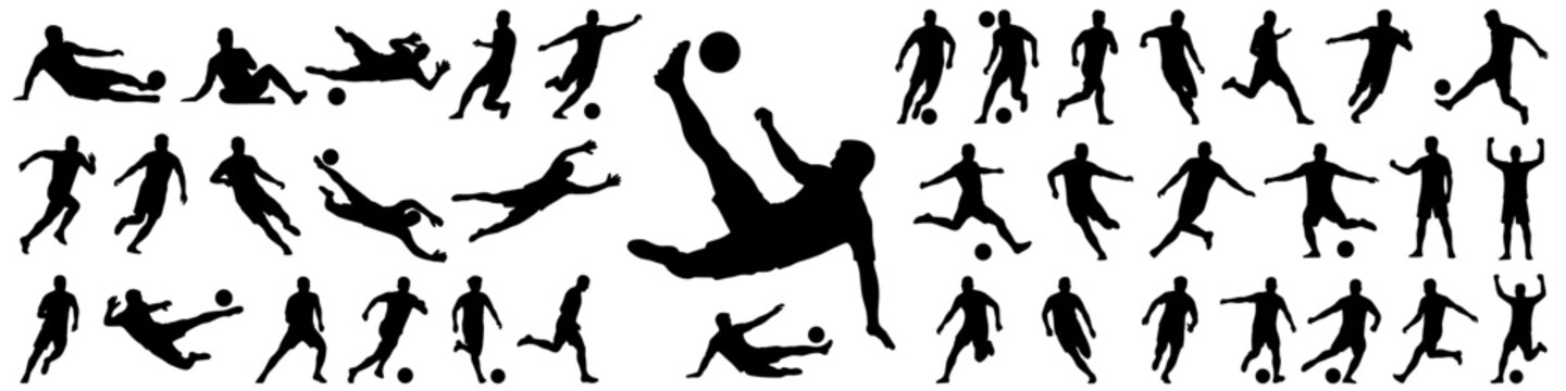 vector set of soccer players performing overhead kicks and headers on transparent background