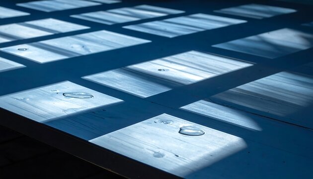 Close-up of a sunlit surface with water droplets, creating a geometric pattern of light and shadow, highlighting textures