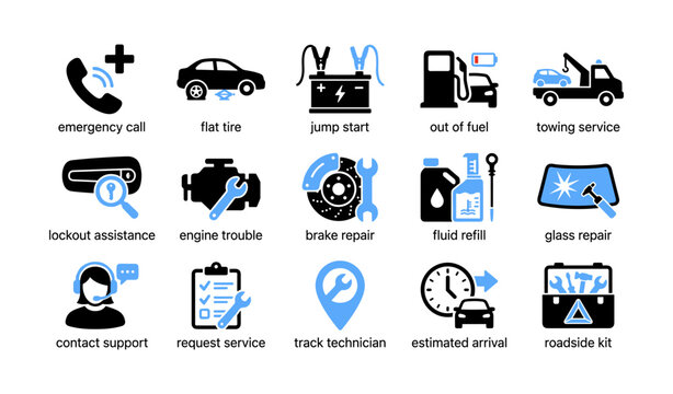Roadside assistance icons depicting vehicle services on white background