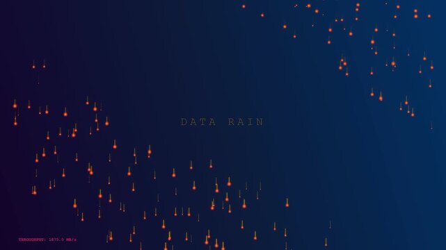 Realtime data streaming shows glowing particles falling across a dark blue gradient screen as digital information flows continuously during a fast paced software server network process