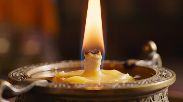 Closeup of a burning candle in an ornate metal holder.